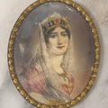 Lot 058 - Antique Hand-Colored Lithograph Portrait Of Empress Josephine Of France In Pressed Brass Oval Bubble Frame, 2-7/8" x 3-1/2"