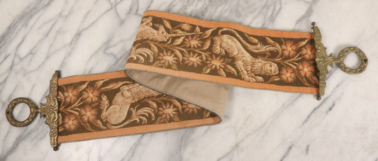 Lot 059 - Vintage Woven Tapestry Depicting Lions And Unicorns In Field Of Flowers With Cast Metal Ring Ends And Metallic Cord Edges, 49" H