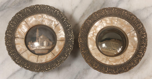 Lot 060 - Pair Of Vintage Greek Travel Souvenirs From Ioannina And The Parthenon, Athens, With Metal Architectural Reliefs Under Plastic Domes And Mother Of Pearl Surrounds, 5-1/4" Diameter Each