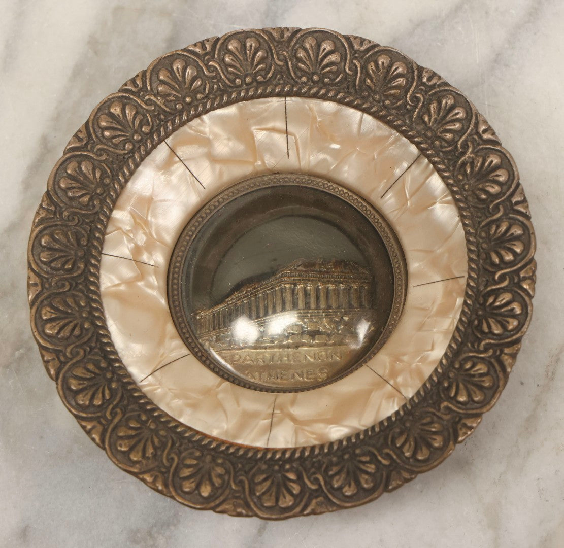 Lot 060 - Pair Of Vintage Greek Travel Souvenirs From Ioannina And The Parthenon, Athens, With Metal Architectural Reliefs Under Plastic Domes And Mother Of Pearl Surrounds, 5-1/4" Diameter Each