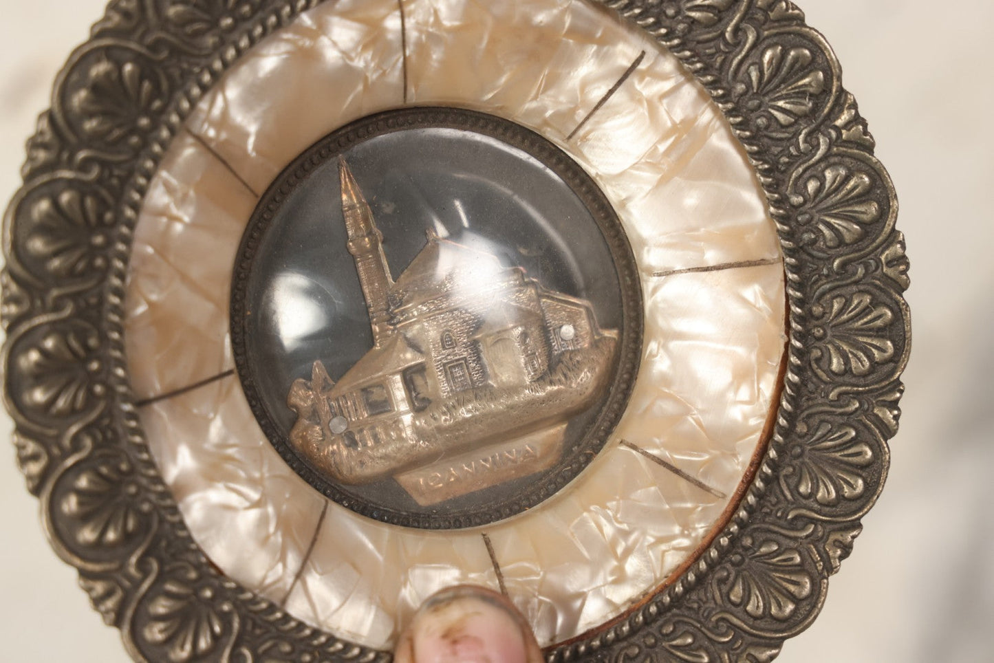 Lot 060 - Pair Of Vintage Greek Travel Souvenirs From Ioannina And The Parthenon, Athens, With Metal Architectural Reliefs Under Plastic Domes And Mother Of Pearl Surrounds, 5-1/4" Diameter Each