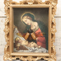 Lot 062 - Modern Shadow Box With Flying Beetle Taxidermy Over Chromolithograph Of Mary And Child, 11" x 12-1/2"