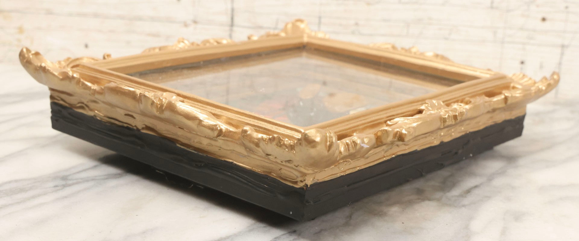 Lot 062 - Modern Shadow Box With Flying Beetle Taxidermy Over Chromolithograph Of Mary And Child, 11" x 12-1/2"