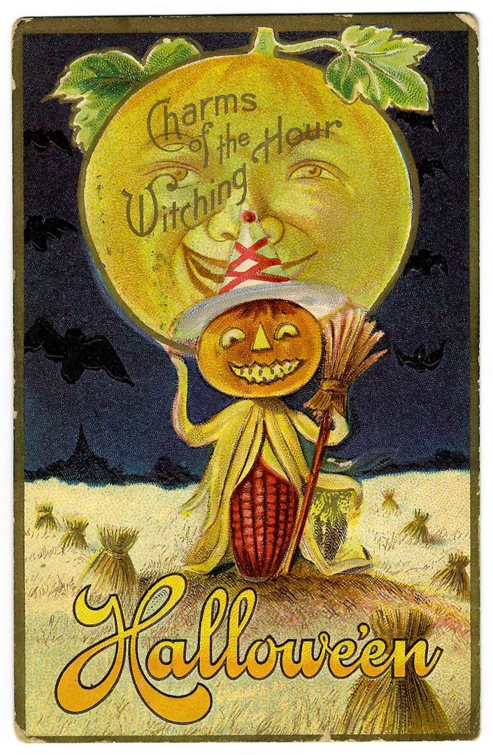 Lot 066 - Antique Embossed Gold-Accented Halloween Postcard “Charms Of The Witching Hour” Depicting Smiling Jack-O-Lantern Figure Before Full Moon Face, Copyright M.L. Jackson, Postmarked Newark, Ohio, 1910, Written On Verso