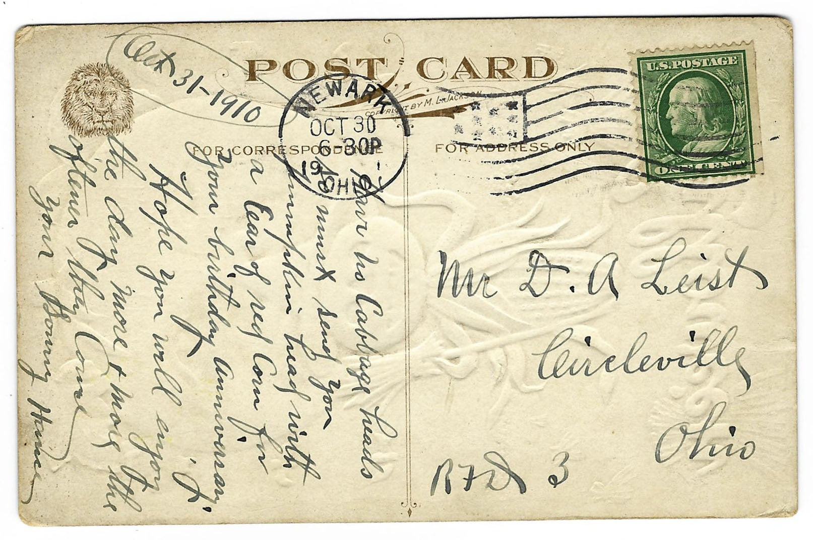 Lot 066 - Antique Embossed Gold-Accented Halloween Postcard “Charms Of The Witching Hour” Depicting Smiling Jack-O-Lantern Figure Before Full Moon Face, Copyright M.L. Jackson, Postmarked Newark, Ohio, 1910, Written On Verso