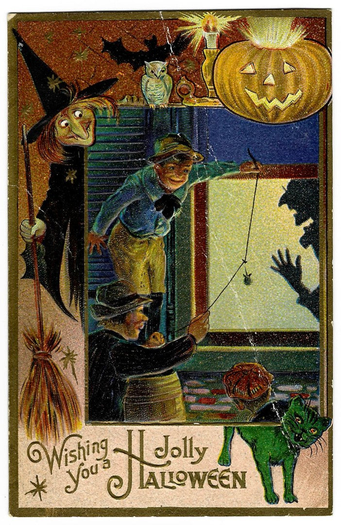 Lot 067 - Antique Embossed Gold-Accented Halloween Postcard “Wishing You A Jolly Halloween” Depicting Witch, Boys Playing Prank, And Green Cat, Copyright A. Jaeger, Halloween Series No. 4, Not Postmarked, Unused