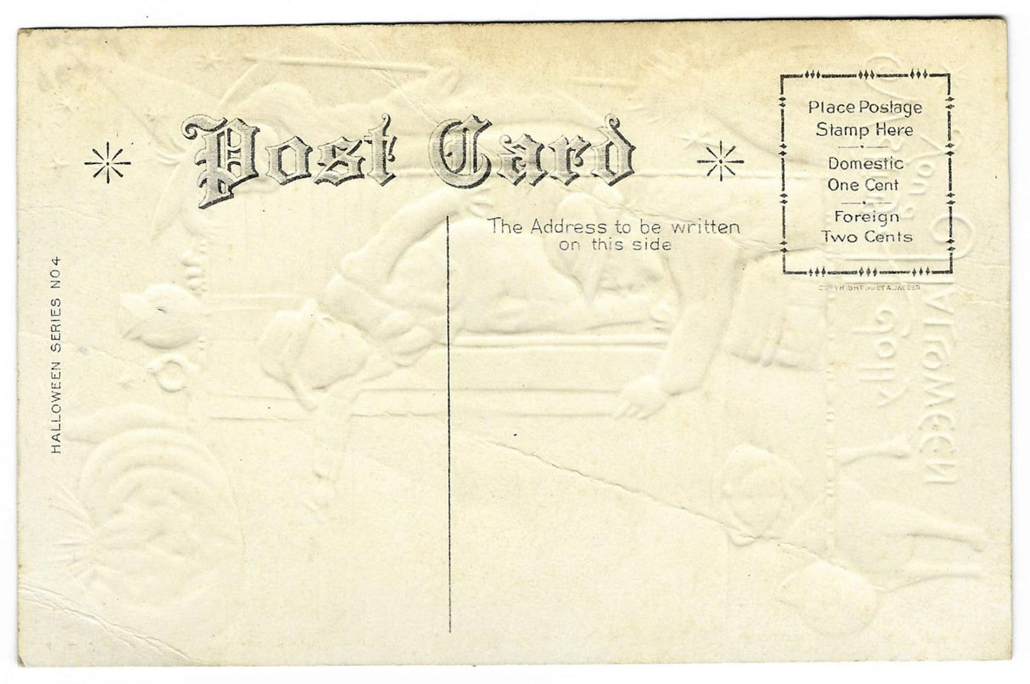Lot 067 - Antique Embossed Gold-Accented Halloween Postcard “Wishing You A Jolly Halloween” Depicting Witch, Boys Playing Prank, And Green Cat, Copyright A. Jaeger, Halloween Series No. 4, Not Postmarked, Unused