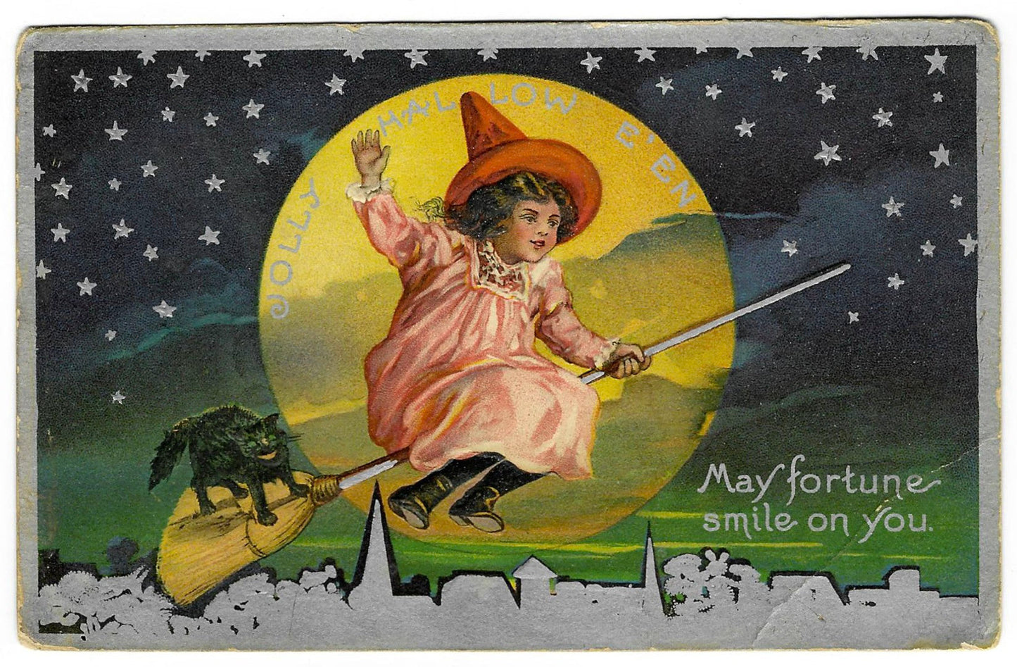 Lot 068 - Antique Embossed Silver-Accented Halloween Postcard “Jolly Hallowe'en – May Fortune Smile On You” Depicting Girl Riding Broom With Black Cat Before Full Moon, Not Postmarked, Written On Verso
