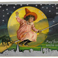 Lot 068 - Antique Embossed Silver-Accented Halloween Postcard “Jolly Hallowe'en – May Fortune Smile On You” Depicting Girl Riding Broom With Black Cat Before Full Moon, Not Postmarked, Written On Verso