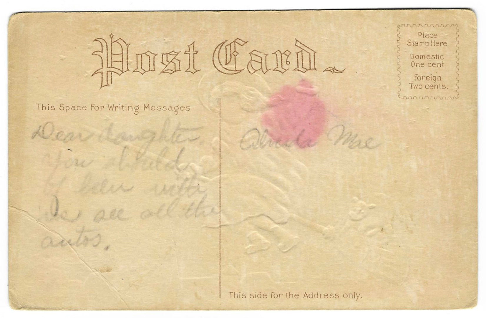 Lot 068 - Antique Embossed Silver-Accented Halloween Postcard “Jolly Hallowe'en – May Fortune Smile On You” Depicting Girl Riding Broom With Black Cat Before Full Moon, Not Postmarked, Written On Verso