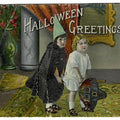 Lot 070 - Antique Halloween Postcard “Halloween Greetings” Depicting Two Children In Costumes With Broom And Jack-O-Lantern Mask, Series 1312, Postmarked West Virginia, 1918, Written On Verso
