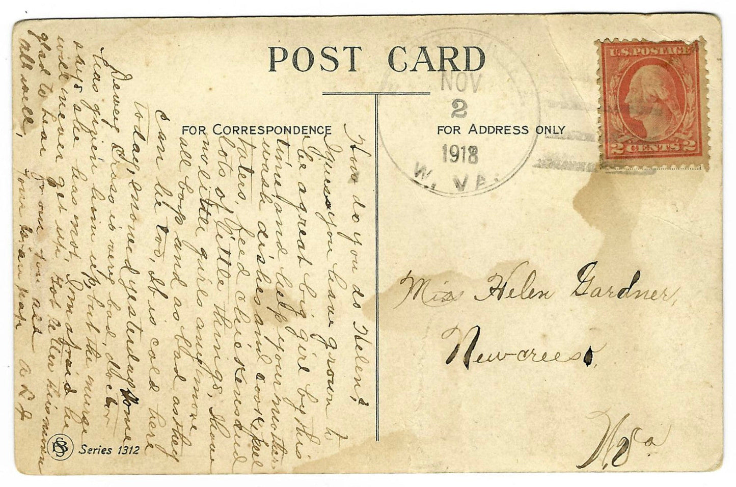 Lot 070 - Antique Halloween Postcard “Halloween Greetings” Depicting Two Children In Costumes With Broom And Jack-O-Lantern Mask, Series 1312, Postmarked West Virginia, 1918, Written On Verso