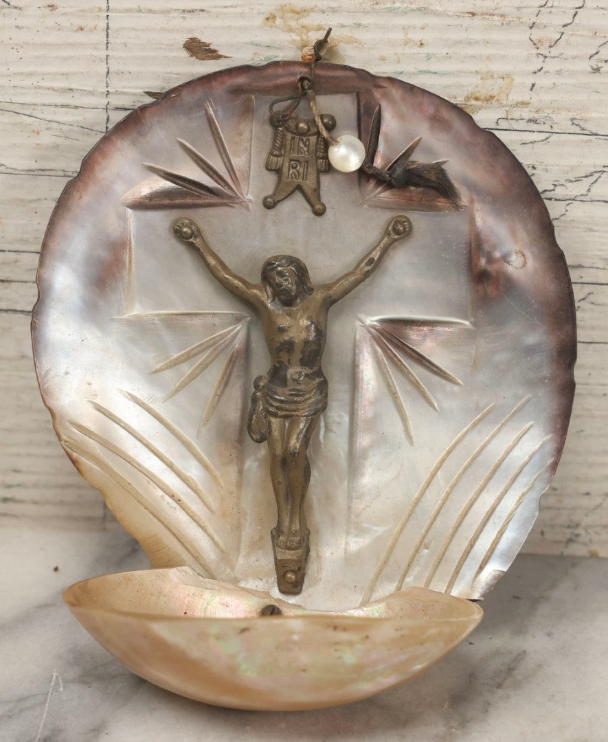 Lot 071 - Antique Mother Of Pearl Holy Water Font With Carved Shell Backdrop And Metal Corpus Of Jesus, 5-1/4" H