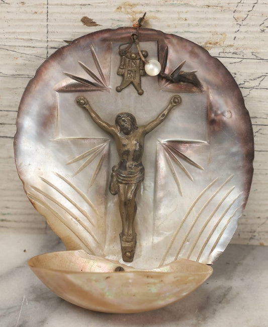 Lot 071 - Antique Mother Of Pearl Holy Water Font With Carved Shell Backdrop And Metal Corpus Of Jesus, 5-1/4" H
