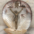 Lot 071 - Antique Mother Of Pearl Holy Water Font With Carved Shell Backdrop And Metal Corpus Of Jesus, 5-1/4" H
