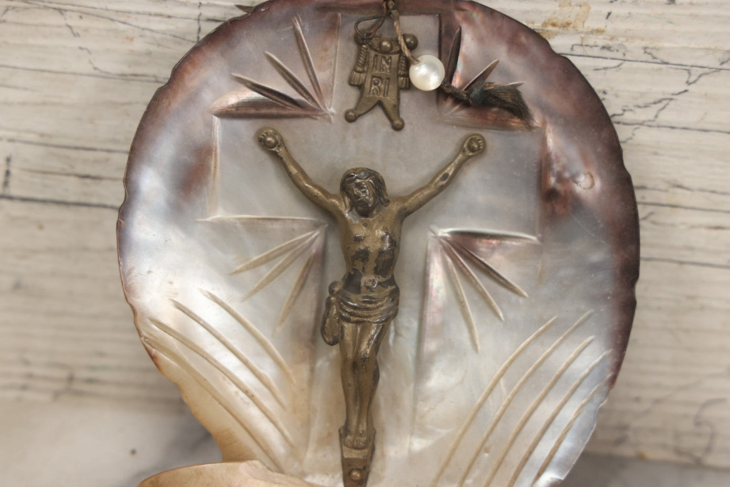 Lot 071 - Antique Mother Of Pearl Holy Water Font With Carved Shell Backdrop And Metal Corpus Of Jesus, 5-1/4" H