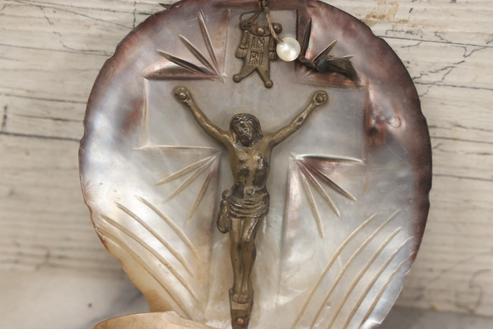 Lot 071 - Antique Mother Of Pearl Holy Water Font With Carved Shell Backdrop And Metal Corpus Of Jesus, 5-1/4" H
