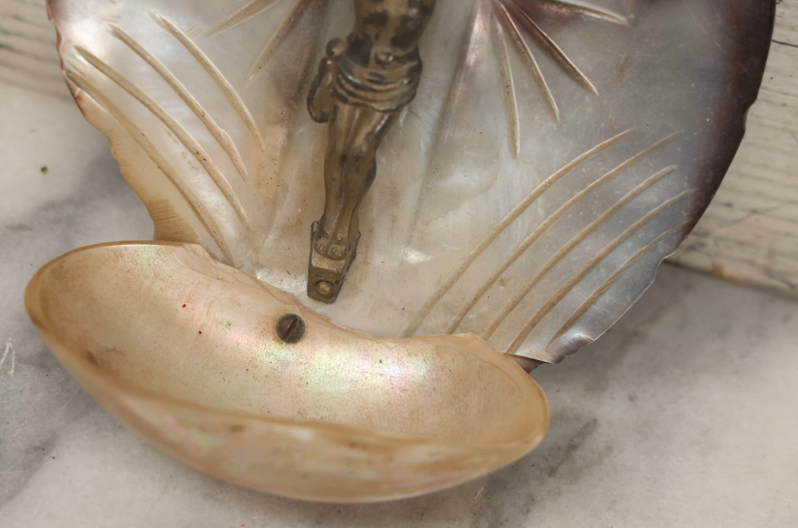 Lot 071 - Antique Mother Of Pearl Holy Water Font With Carved Shell Backdrop And Metal Corpus Of Jesus, 5-1/4" H