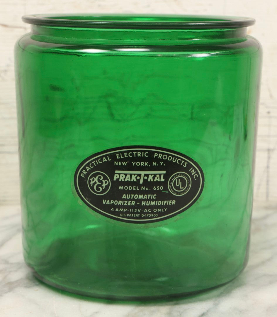 Lot 072 - Vintage Green Glass Jar With "Practical Electric Products Inc." Label, Model No. 650 Automatic Vaporizer-Humidifier, 7-1/2" H