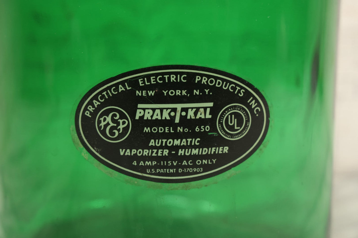 Lot 072 - Vintage Green Glass Jar With "Practical Electric Products Inc." Label, Model No. 650 Automatic Vaporizer-Humidifier, 7-1/2" H