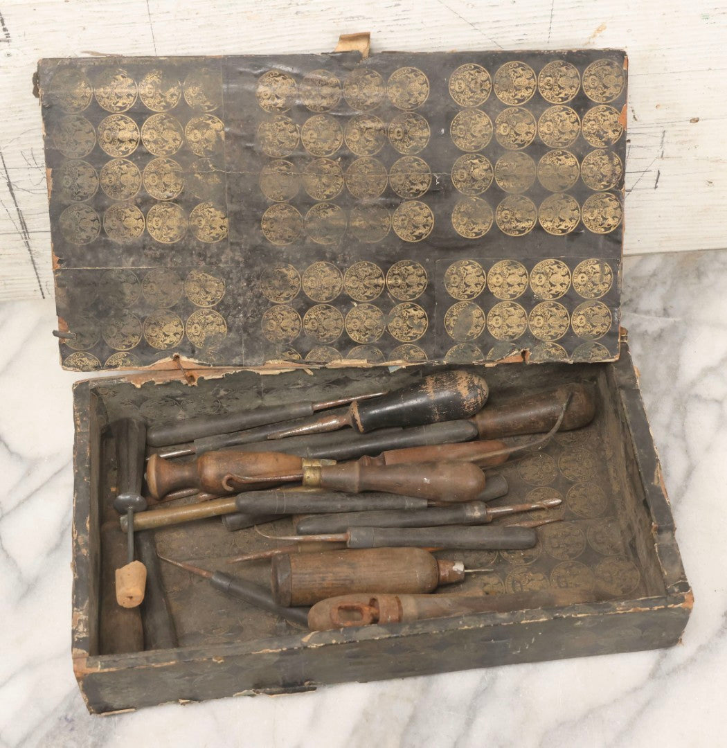 Lot 075 - Antique Make-Do Paper-Covered Wooden Textile Worker Tool Box With Campbell & Co. Thread Labels, Containing 20+ Wood Handled Awls