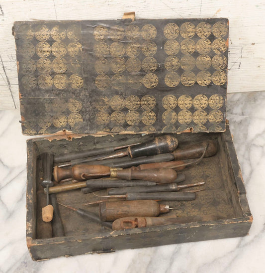 Lot 075 - Antique Make-Do Paper-Covered Wooden Textile Worker Tool Box With Campbell & Co. Thread Labels, Containing 20+ Wood Handled Awls