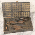 Lot 075 - Antique Make-Do Paper-Covered Wooden Textile Worker Tool Box With Campbell & Co. Thread Labels, Containing 20+ Wood Handled Awls