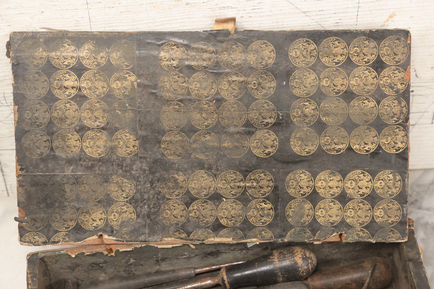 Lot 075 - Antique Make-Do Paper-Covered Wooden Textile Worker Tool Box With Campbell & Co. Thread Labels, Containing 20+ Wood Handled Awls