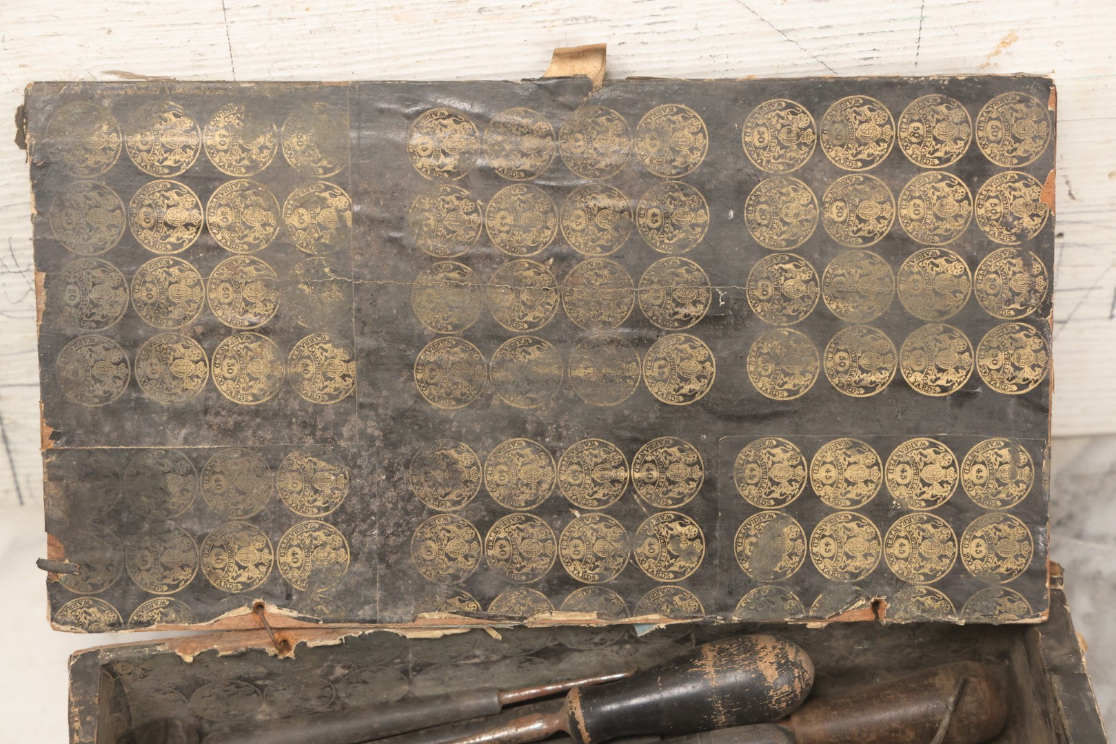 Lot 075 - Antique Make-Do Paper-Covered Wooden Textile Worker Tool Box With Campbell & Co. Thread Labels, Containing 20+ Wood Handled Awls