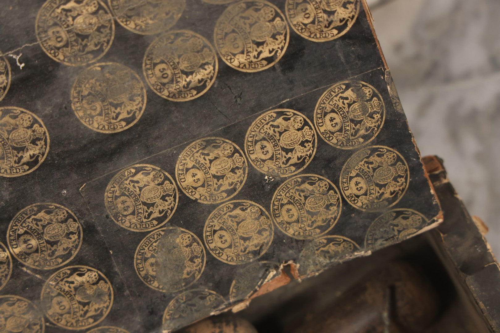 Lot 075 - Antique Make-Do Paper-Covered Wooden Textile Worker Tool Box With Campbell & Co. Thread Labels, Containing 20+ Wood Handled Awls