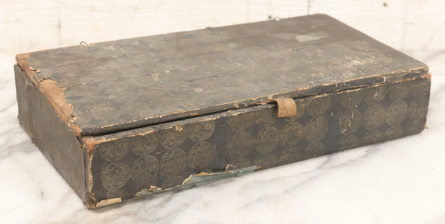Lot 075 - Antique Make-Do Paper-Covered Wooden Textile Worker Tool Box With Campbell & Co. Thread Labels, Containing 20+ Wood Handled Awls