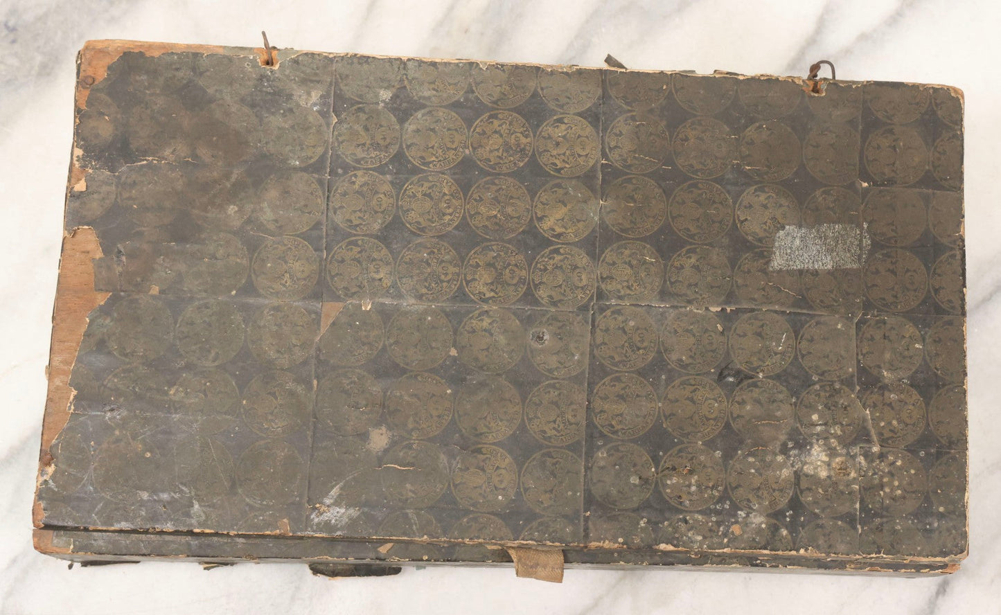 Lot 075 - Antique Make-Do Paper-Covered Wooden Textile Worker Tool Box With Campbell & Co. Thread Labels, Containing 20+ Wood Handled Awls