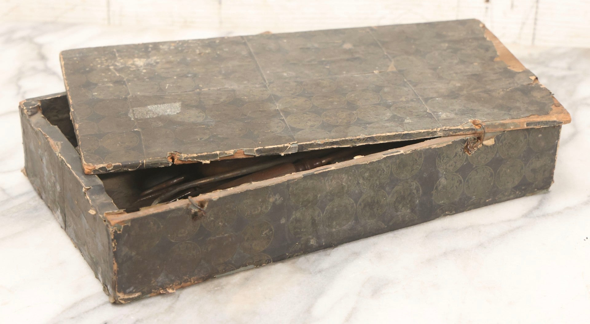 Lot 075 - Antique Make-Do Paper-Covered Wooden Textile Worker Tool Box With Campbell & Co. Thread Labels, Containing 20+ Wood Handled Awls