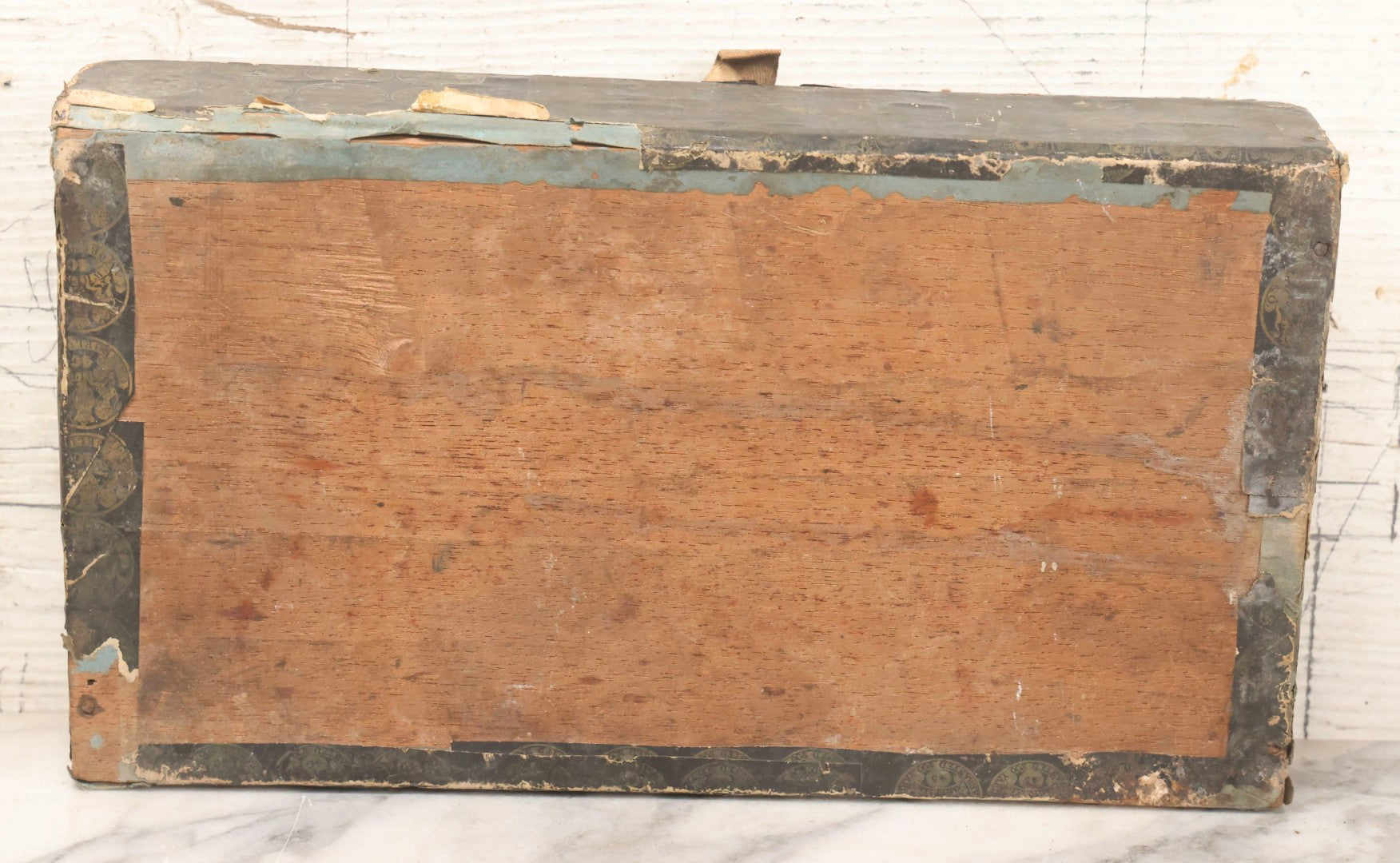 Lot 075 - Antique Make-Do Paper-Covered Wooden Textile Worker Tool Box With Campbell & Co. Thread Labels, Containing 20+ Wood Handled Awls
