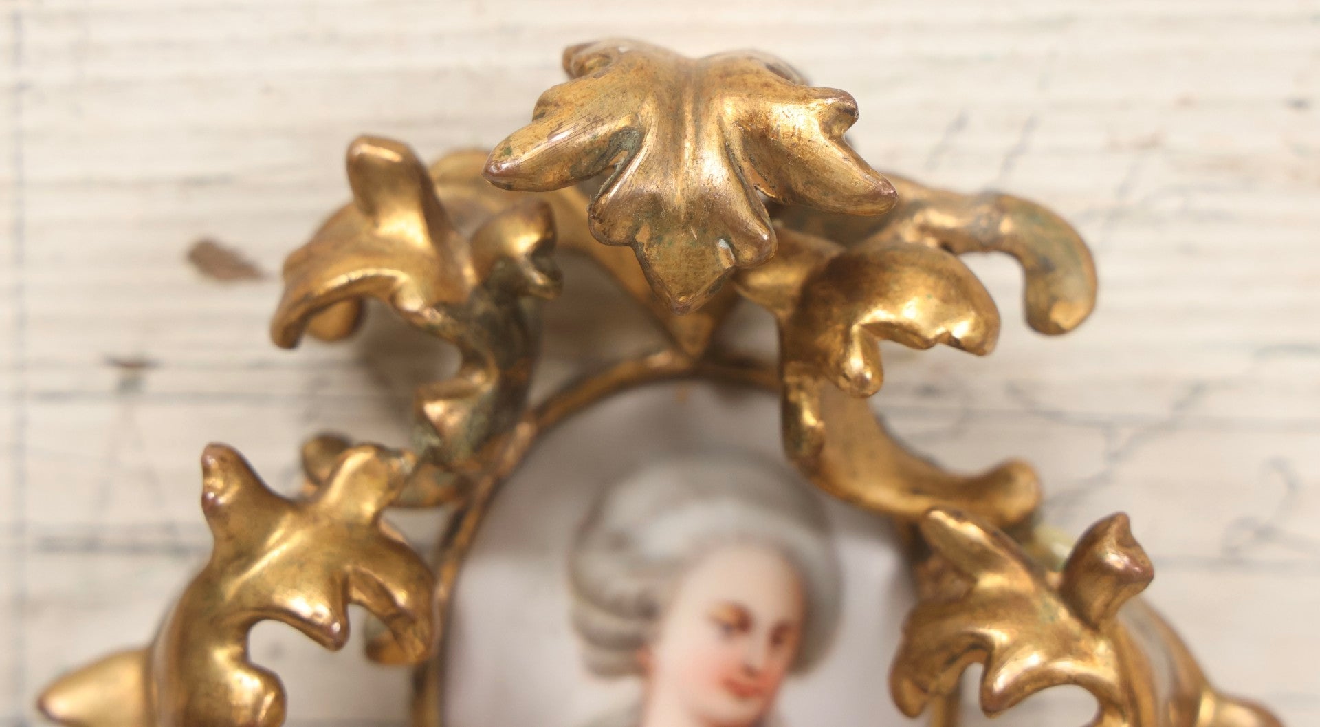 Lot 076 - Antique Hand Painted Porcelain Tile Of White-Haired Woman In Pink Dress In Ornate Ormolu Frame, A.M.W., 24Kt Gold Plate, Note Frame Damage, Repairs, 4-3/4" x 5-3/4"