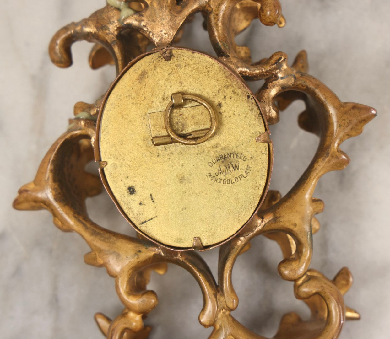 Lot 076 - Antique Hand Painted Porcelain Tile Of White-Haired Woman In Pink Dress In Ornate Ormolu Frame, A.M.W., 24Kt Gold Plate, Note Frame Damage, Repairs, 4-3/4" x 5-3/4"