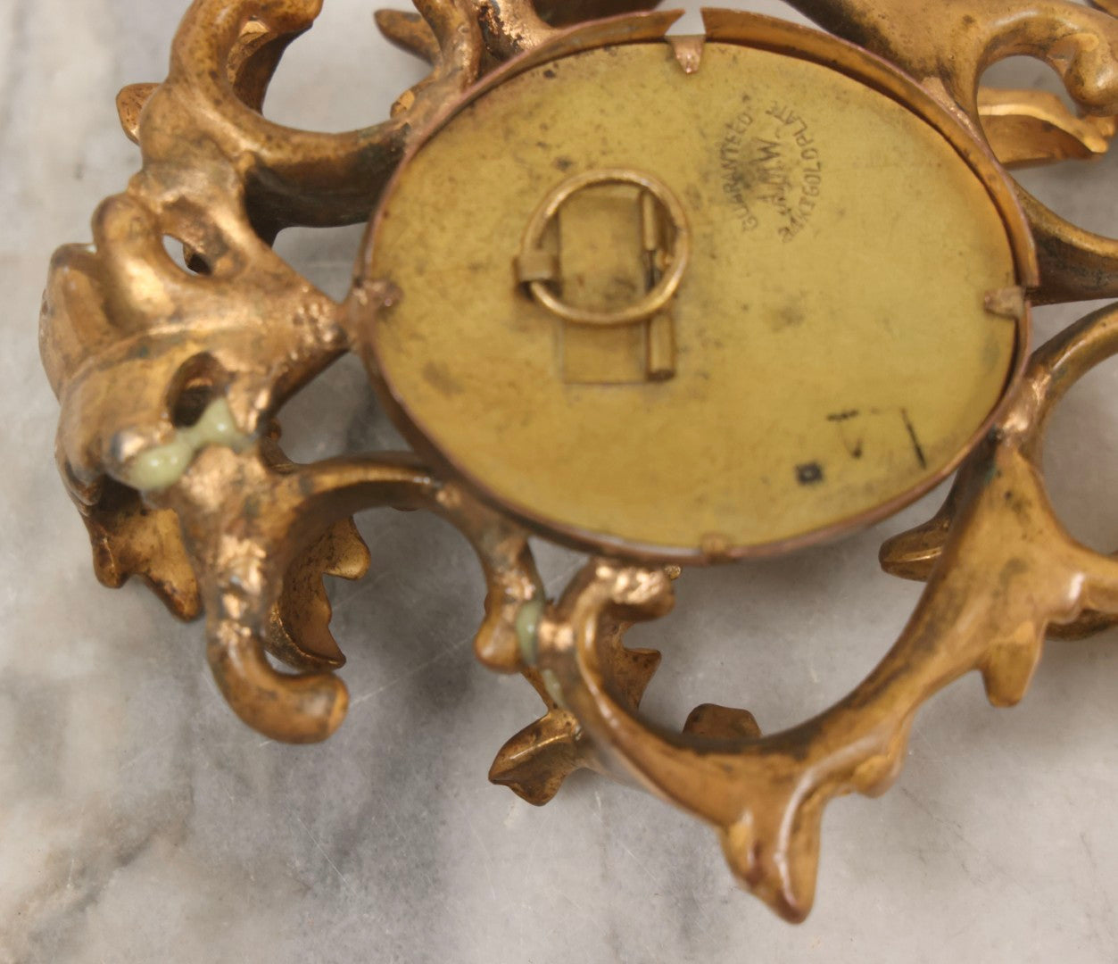 Lot 076 - Antique Hand Painted Porcelain Tile Of White-Haired Woman In Pink Dress In Ornate Ormolu Frame, A.M.W., 24Kt Gold Plate, Note Frame Damage, Repairs, 4-3/4" x 5-3/4"