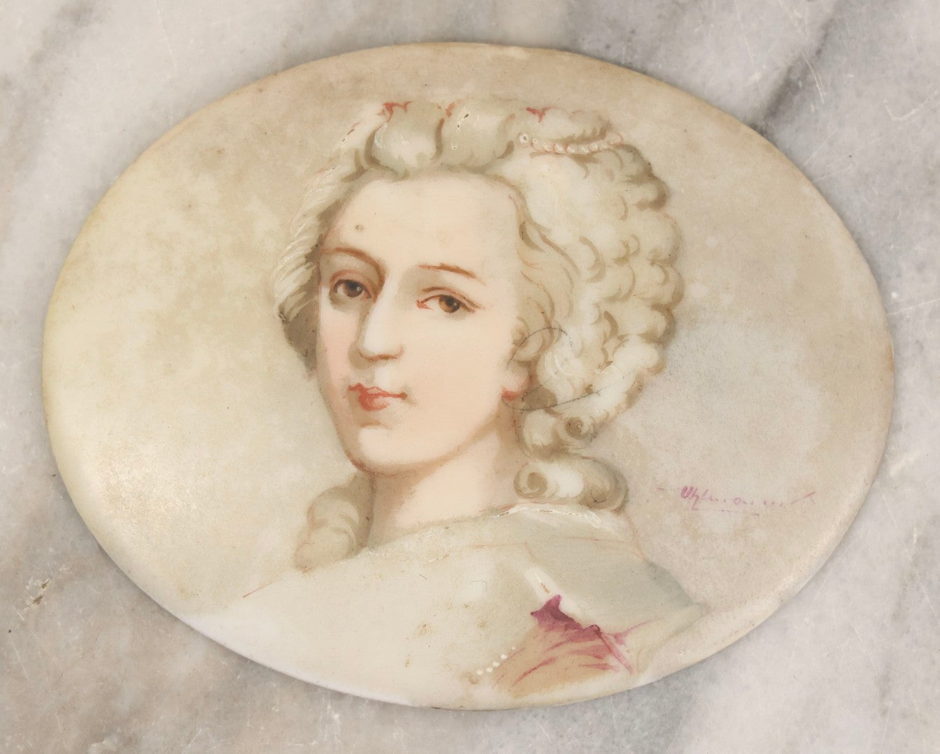 Lot 077 - Antique Hand Painted Porcelain Oval Tile Of White-Haired Noble Woman, Artist Signed, 3-3/8" x 2-3/4"