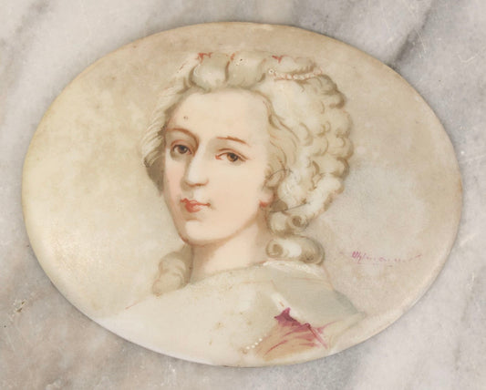 Lot 077 - Antique Hand Painted Porcelain Oval Tile Of White-Haired Noble Woman, Artist Signed, 3-3/8" x 2-3/4"
