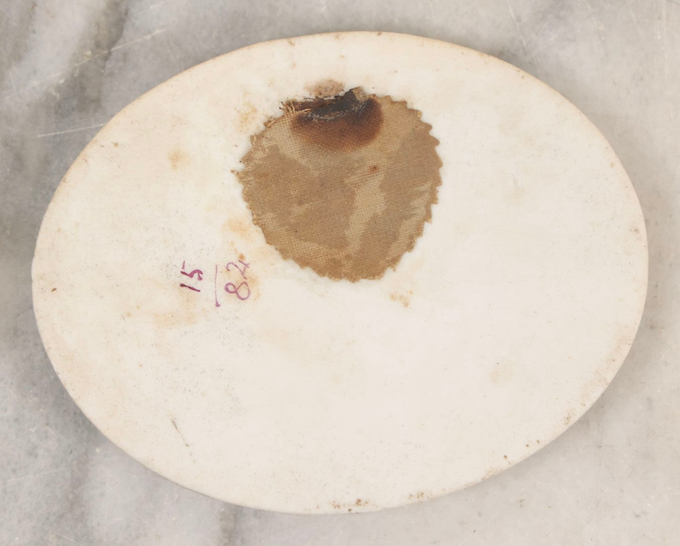 Lot 077 - Antique Hand Painted Porcelain Oval Tile Of White-Haired Noble Woman, Artist Signed, 3-3/8" x 2-3/4"