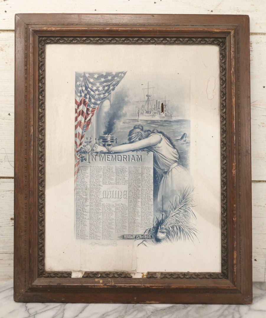 Lot 078 - Antique Commemorative Mourning Print "In Memoriam" Of The Sinking Of The Maine, February 15, 1898, With Original Frame, List Of Deceased, Note No Glass, Poor Condition, 17-7/8" x 21-7/8"