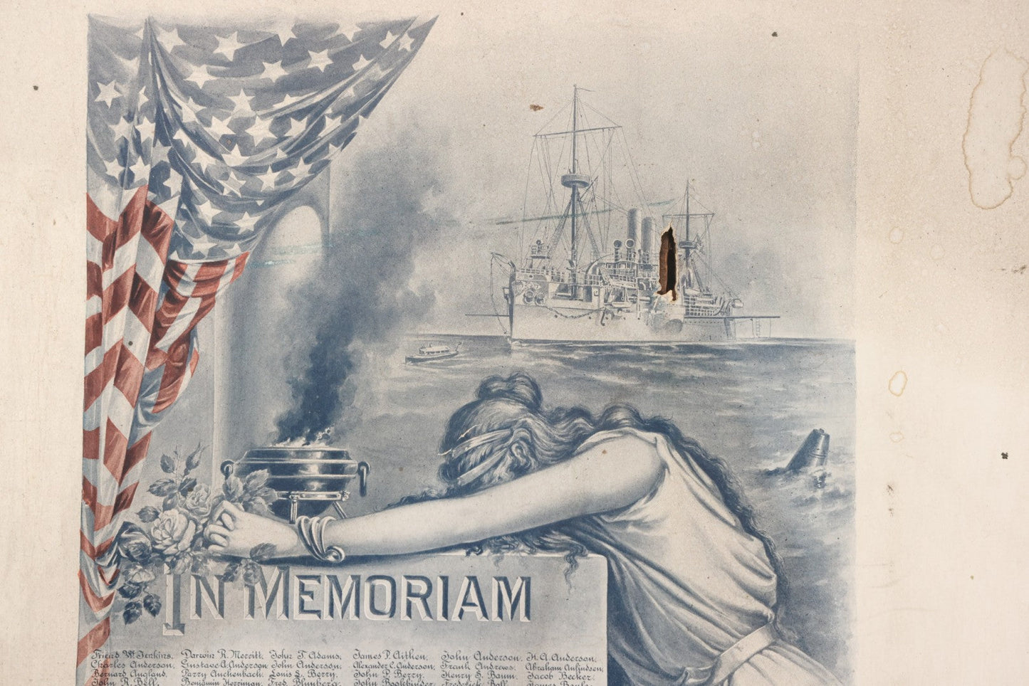 Lot 078 - Antique Commemorative Mourning Print "In Memoriam" Of The Sinking Of The Maine, February 15, 1898, With Original Frame, List Of Deceased, Note No Glass, Poor Condition, 17-7/8" x 21-7/8"