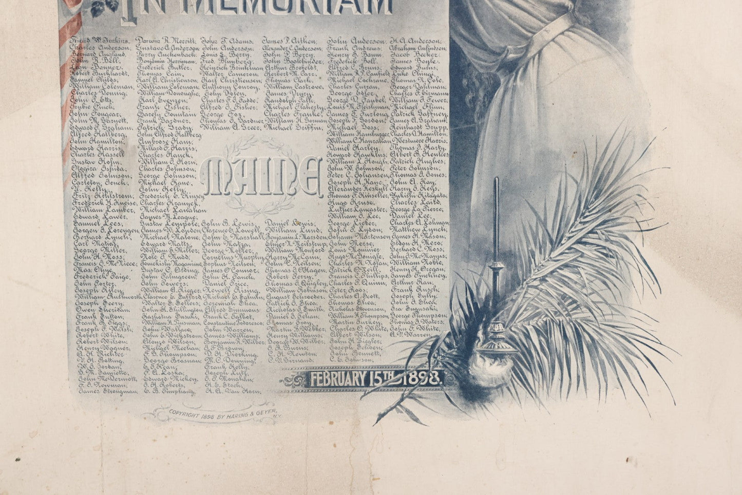 Lot 078 - Antique Commemorative Mourning Print "In Memoriam" Of The Sinking Of The Maine, February 15, 1898, With Original Frame, List Of Deceased, Note No Glass, Poor Condition, 17-7/8" x 21-7/8"