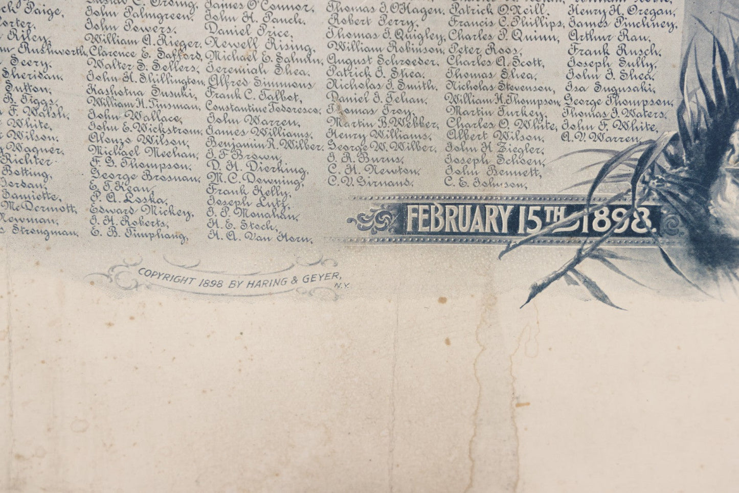 Lot 078 - Antique Commemorative Mourning Print "In Memoriam" Of The Sinking Of The Maine, February 15, 1898, With Original Frame, List Of Deceased, Note No Glass, Poor Condition, 17-7/8" x 21-7/8"