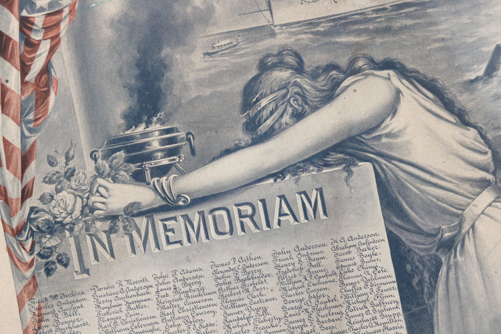 Lot 078 - Antique Commemorative Mourning Print "In Memoriam" Of The Sinking Of The Maine, February 15, 1898, With Original Frame, List Of Deceased, Note No Glass, Poor Condition, 17-7/8" x 21-7/8"