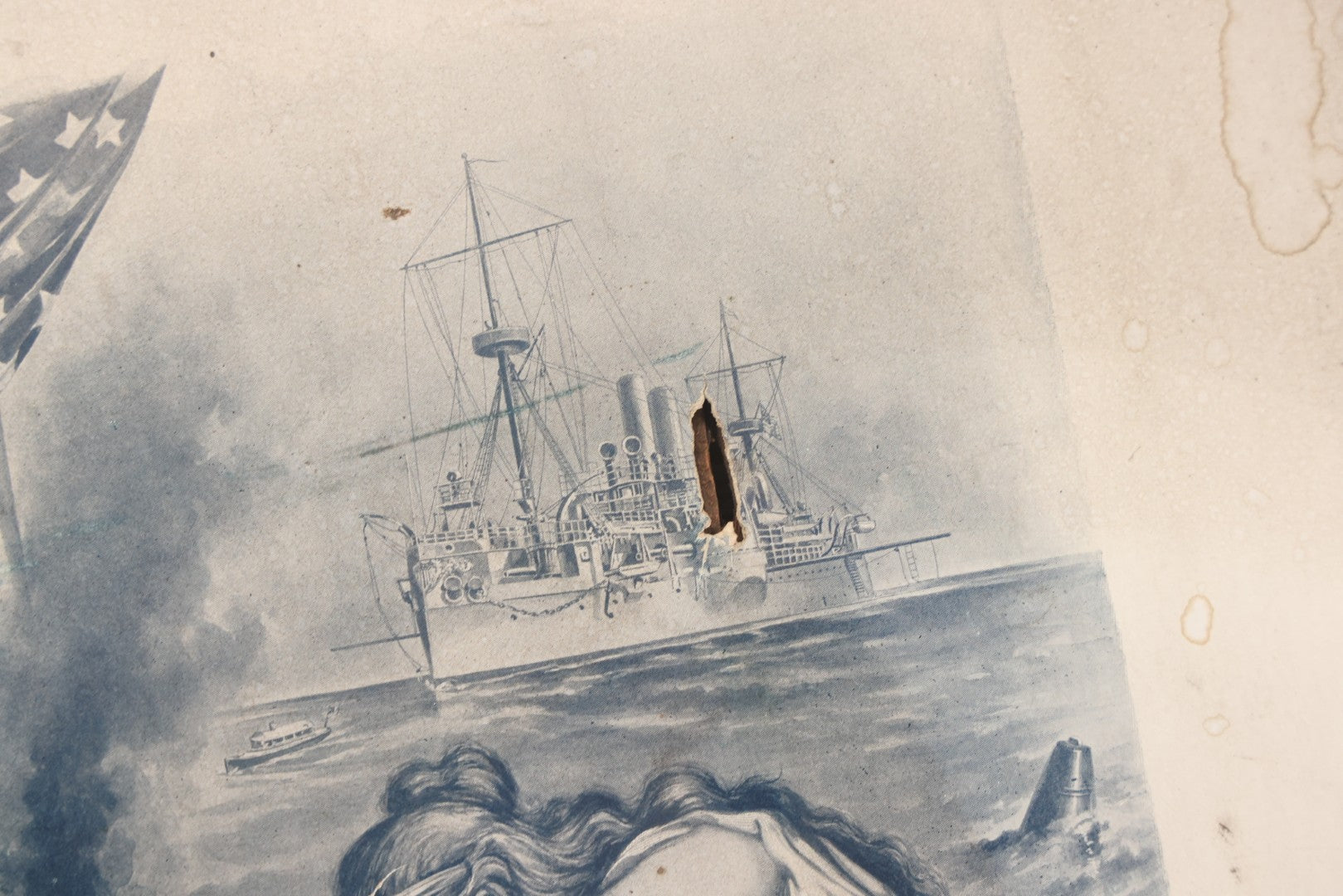 Lot 078 - Antique Commemorative Mourning Print "In Memoriam" Of The Sinking Of The Maine, February 15, 1898, With Original Frame, List Of Deceased, Note No Glass, Poor Condition, 17-7/8" x 21-7/8"