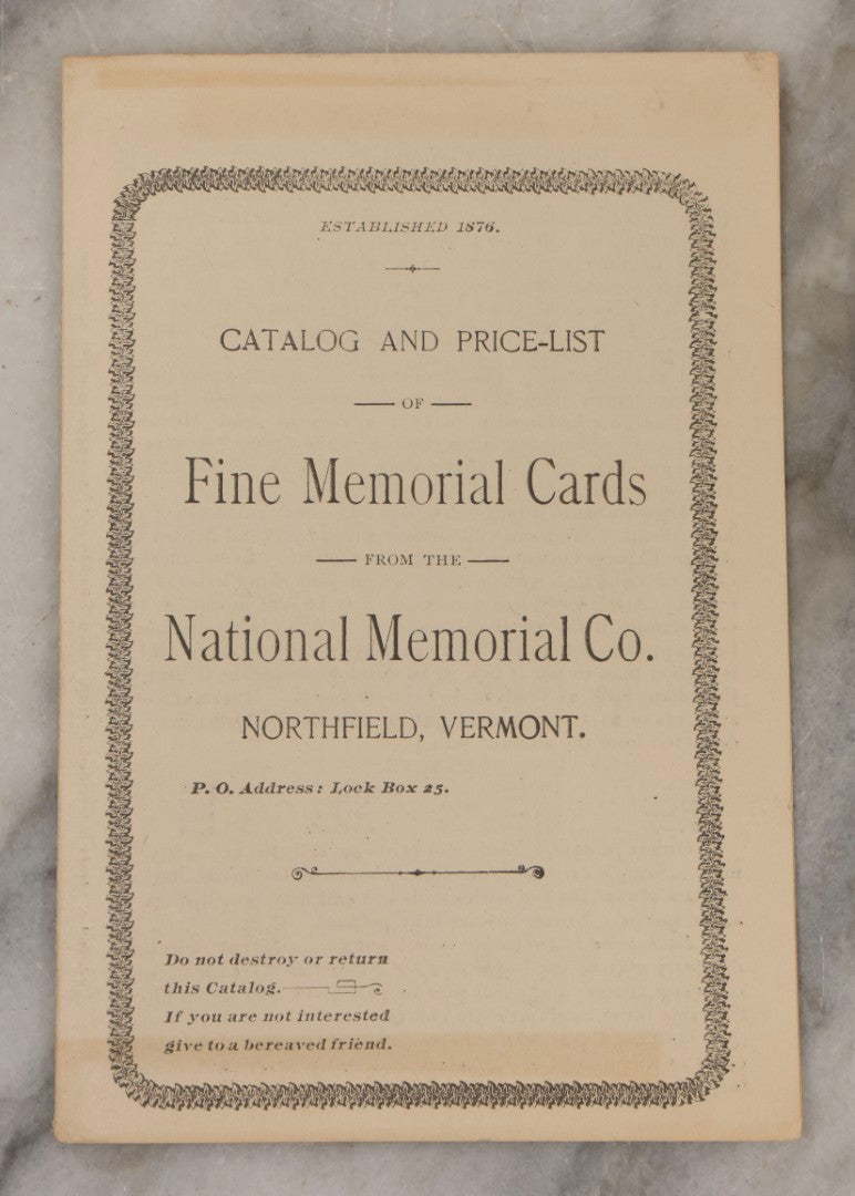 Lot 079 - Antique Fold-Out Pamphlet "Catalog And Price-List Of Fine Memorial Cards" By The National Memorial Co., Northfield, Vermont, Circa 1900