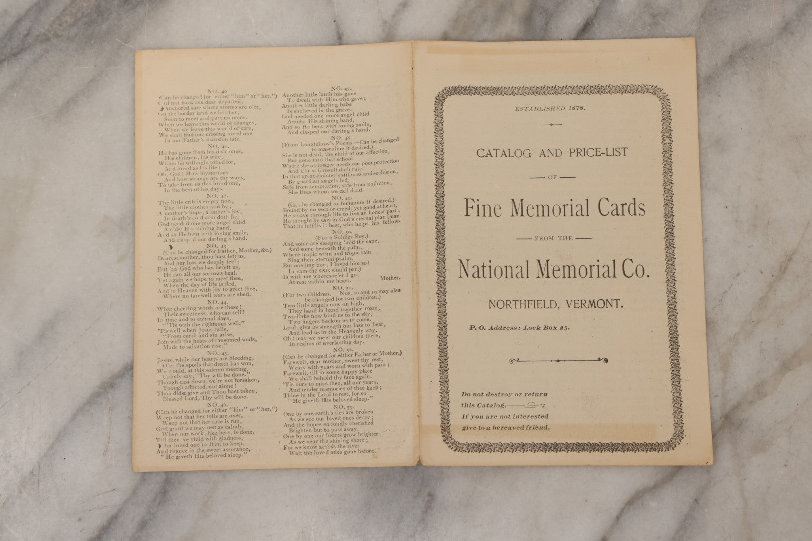 Lot 079 - Antique Fold-Out Pamphlet "Catalog And Price-List Of Fine Memorial Cards" By The National Memorial Co., Northfield, Vermont, Circa 1900