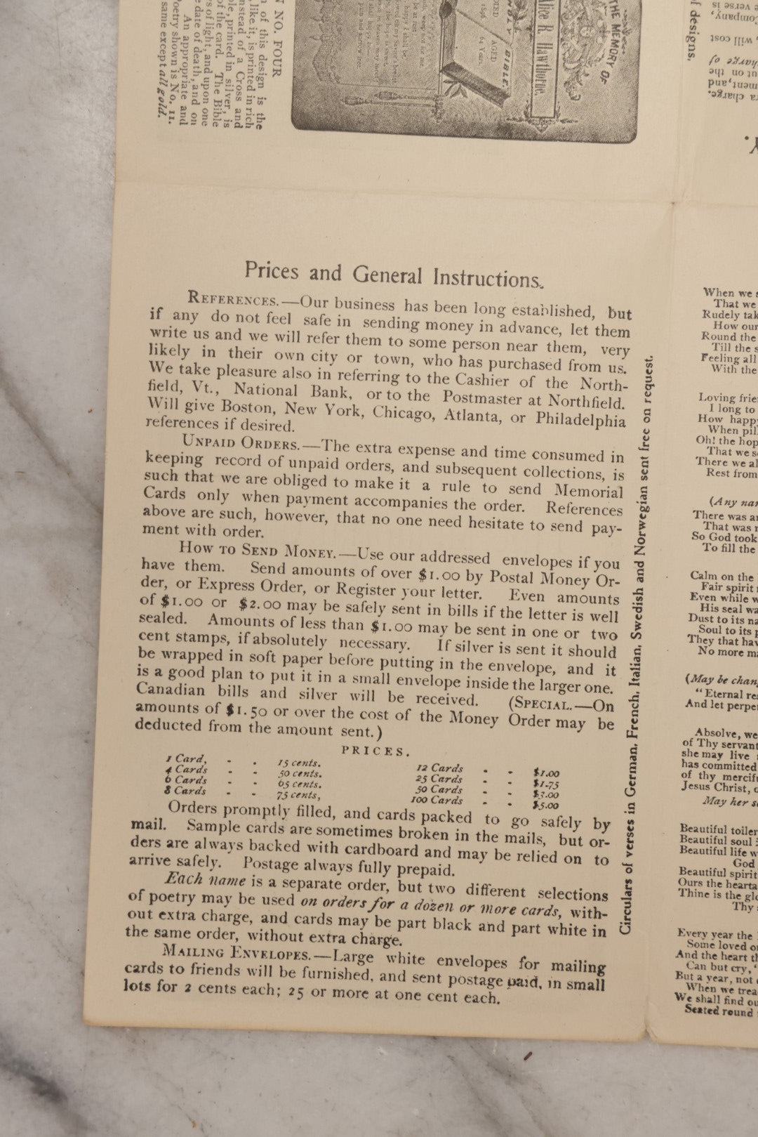 Lot 079 - Antique Fold-Out Pamphlet "Catalog And Price-List Of Fine Memorial Cards" By The National Memorial Co., Northfield, Vermont, Circa 1900