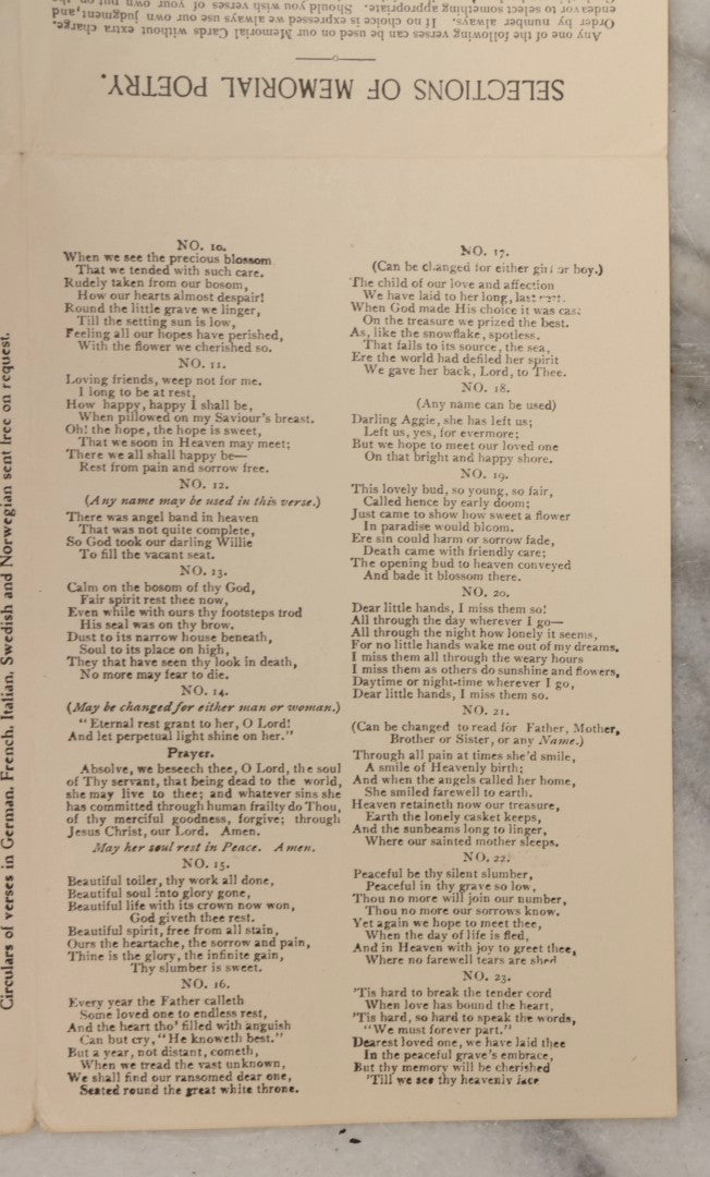 Lot 079 - Antique Fold-Out Pamphlet "Catalog And Price-List Of Fine Memorial Cards" By The National Memorial Co., Northfield, Vermont, Circa 1900